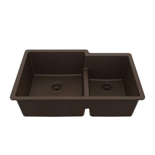 32-1/4" Undermount Double Offset Bowl Quartz Composite Kitchen Sink In Brown