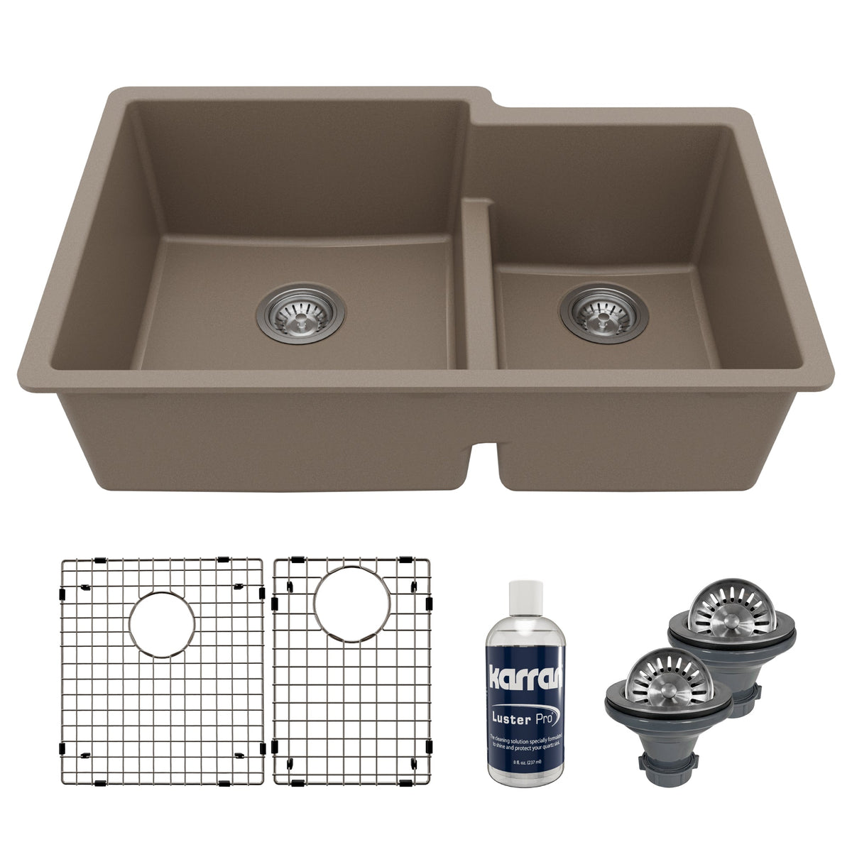 32" Undermount Double Offset Bowl Quartz Composite Kitchen Sink Kit In Concrete