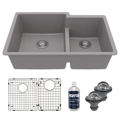 32" Undermount Double Offset Bowl Quartz Composite Kitchen Sink Kit In Grey