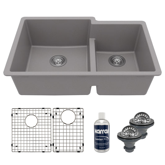 32" Undermount Double Offset Bowl Quartz Composite Kitchen Sink Kit In Grey