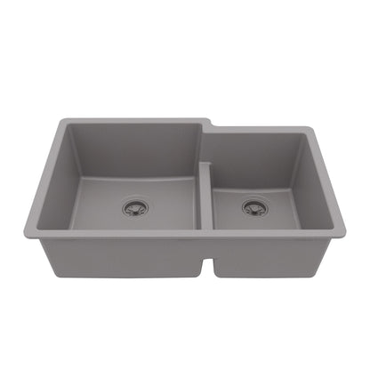 32-1/4" Undermount Double Offset Bowl Quartz Composite Kitchen Sink In Grey