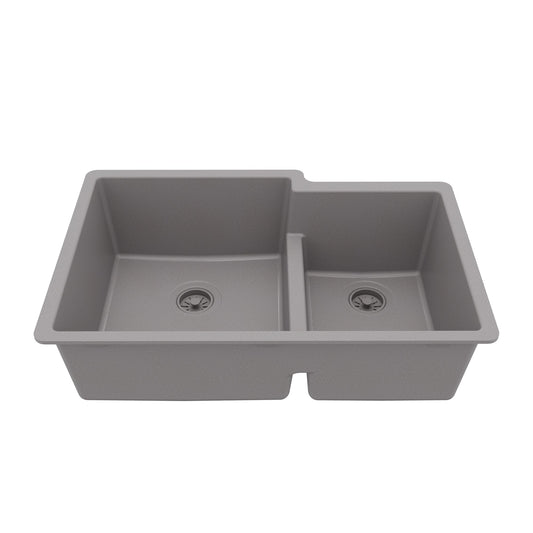 32-1/4" Undermount Double Offset Bowl Quartz Composite Kitchen Sink In Grey