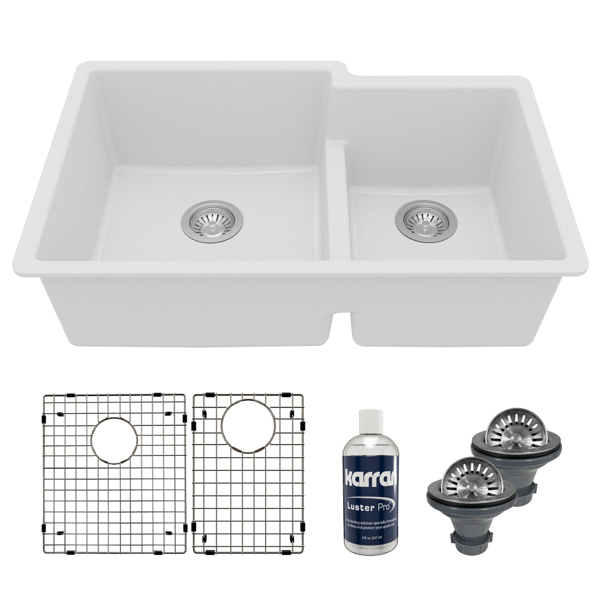 32" Undermount Double Offset Bowl Quartz Composite Kitchen Sink Kit In White