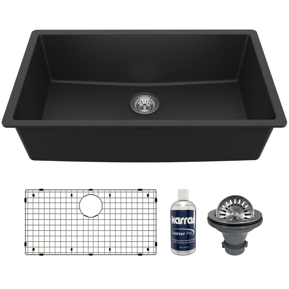 32-3/8" Undermount Large Single Bowl Quartz Composite Kitchen Sink Kit In Black