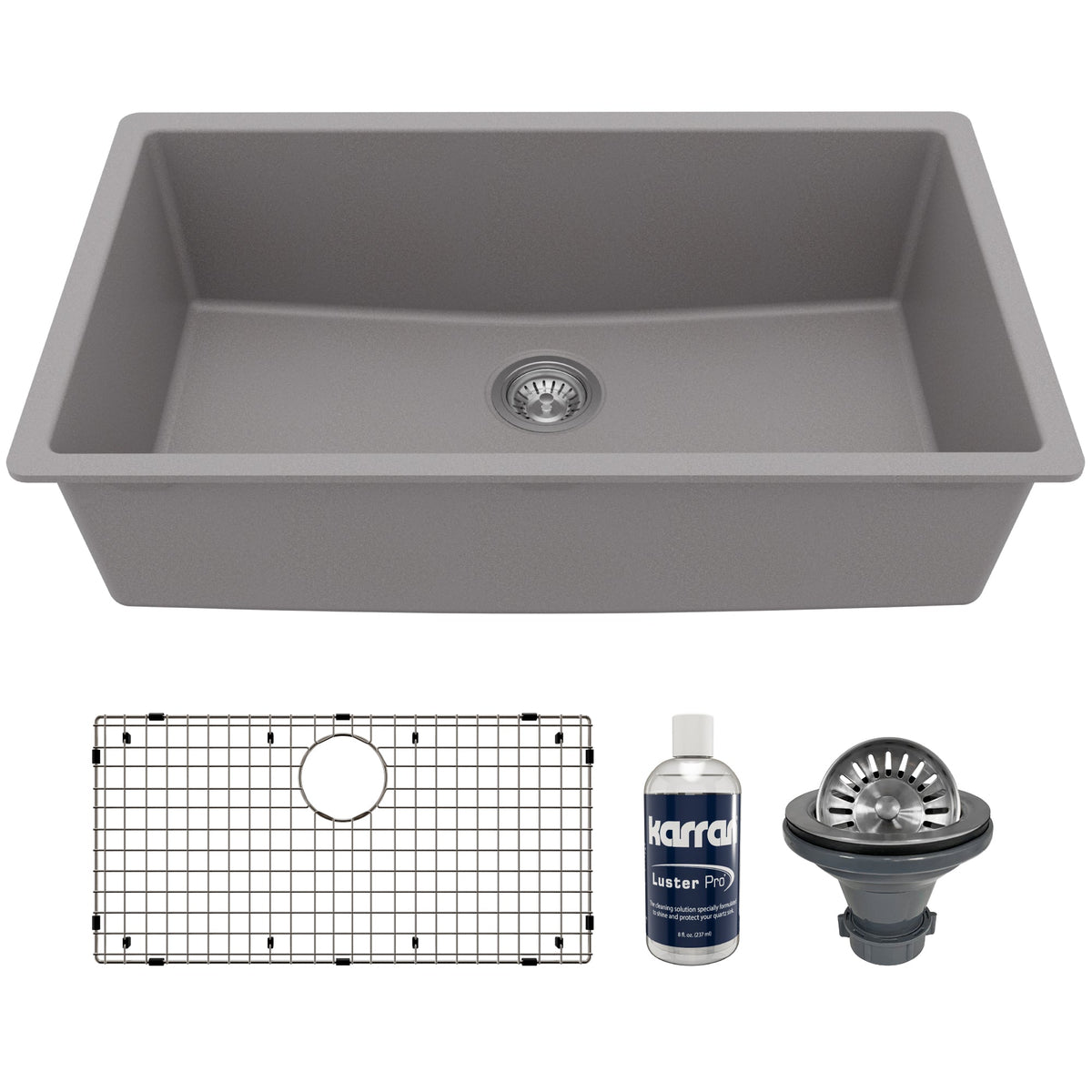 32-3/8" Undermount Large Single Bowl Quartz Composite Kitchen Sink Kit In Grey