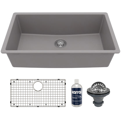 32-3/8" Undermount Large Single Bowl Quartz Composite Kitchen Sink Kit In Grey