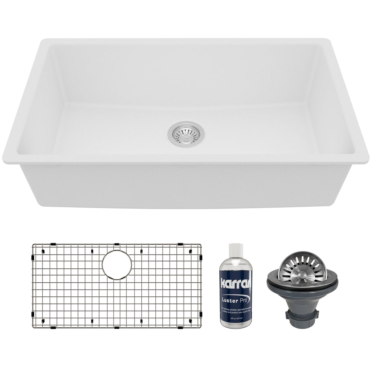 32-3/8" Undermount Large Single Bowl Quartz Composite Kitchen Sink Kit In White