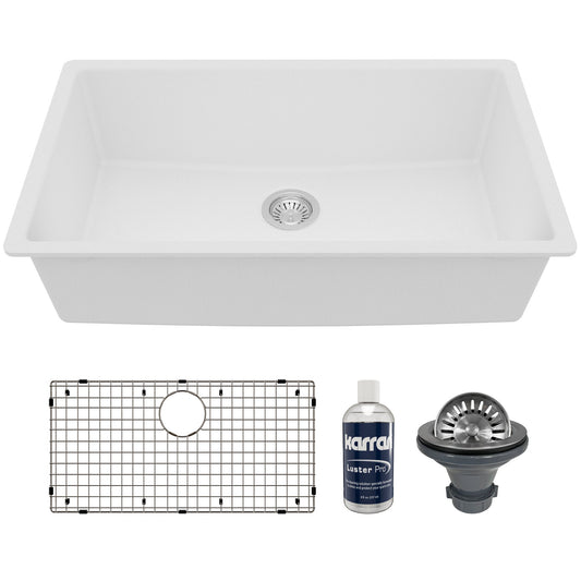 32-3/8" Undermount Large Single Bowl Quartz Composite Kitchen Sink Kit In White