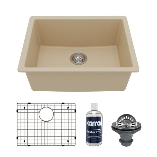24-3/8" Undermount Single Bowl Quartz Composite Kitchen Sink Kit In Bisque