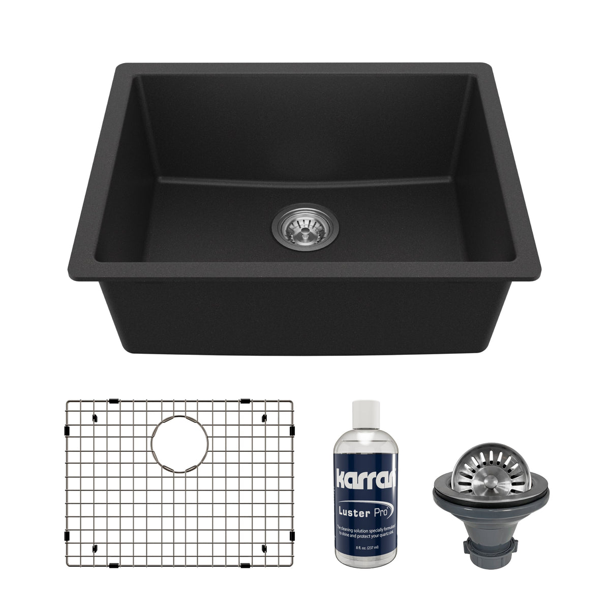 24-3/8" Undermount Single Bowl Quartz Composite Kitchen Sink Kit In Black