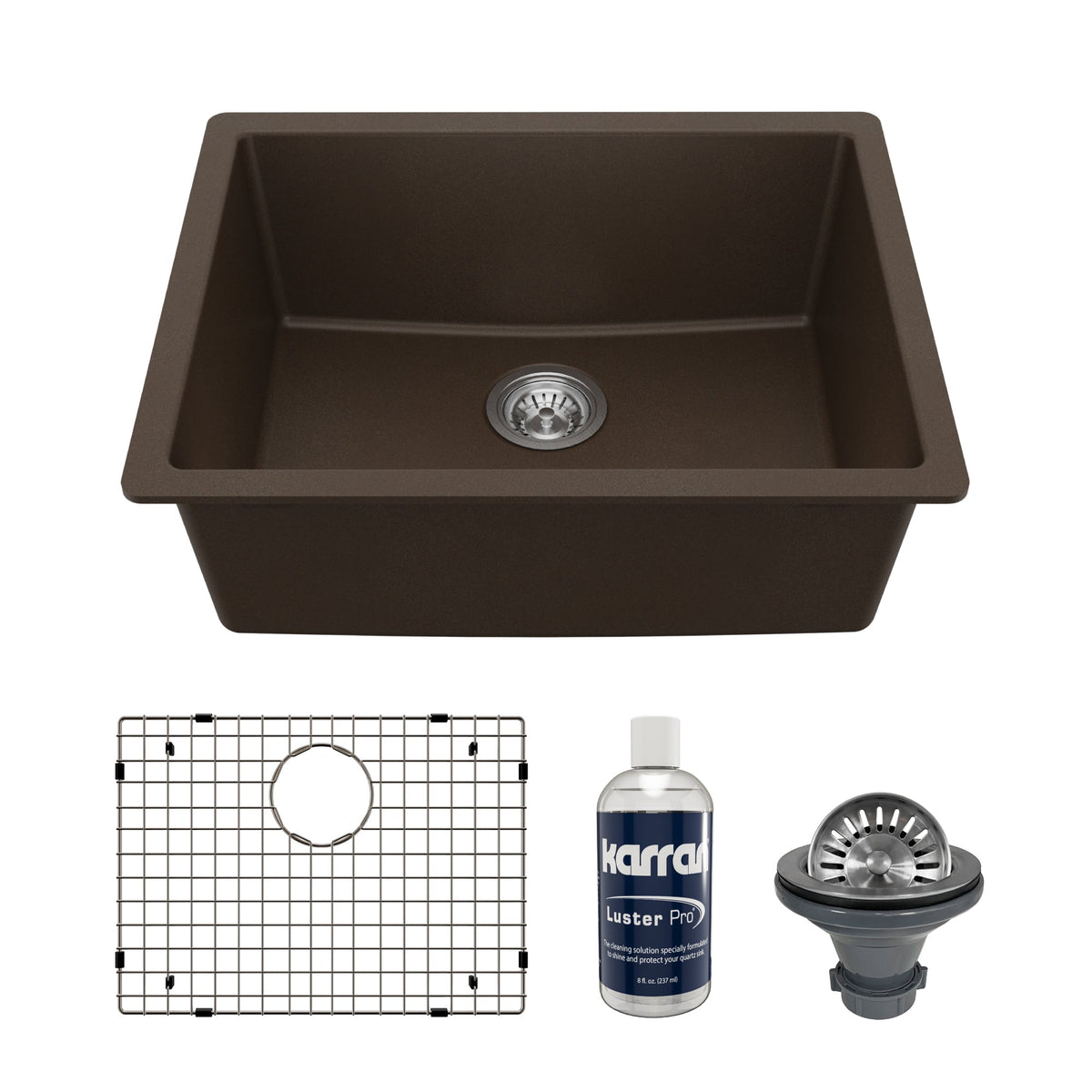 24-3/8" Undermount Single Bowl Quartz Composite Kitchen Sink Kit In Brown