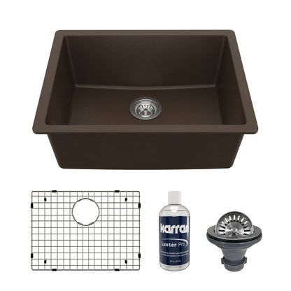 24-3/8" Undermount Single Bowl Quartz Composite Kitchen Sink Kit In Brown
