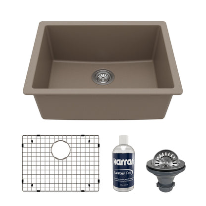 24-3/8" Undermount Single Bowl Quartz Composite Kitchen Sink Kit In Concrete