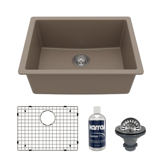 24-3/8" Undermount Single Bowl Quartz Composite Kitchen Sink Kit In Concrete
