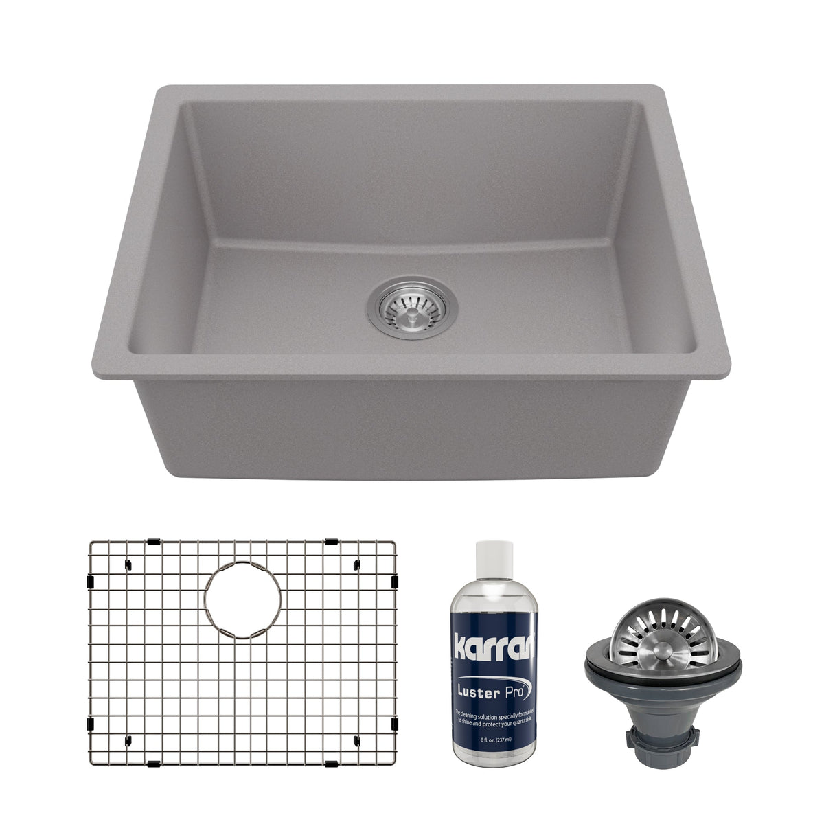 24-3/8" Undermount Single Bowl Quartz Composite Kitchen Sink Kit In Grey