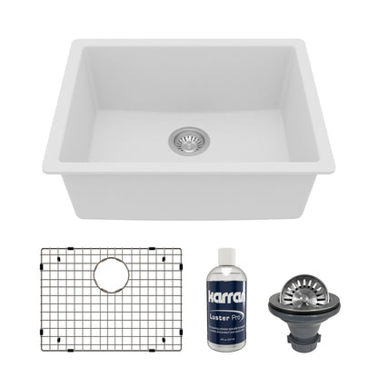 24-3/8" Undermount Single Bowl Quartz Composite Kitchen Sink Kit In White