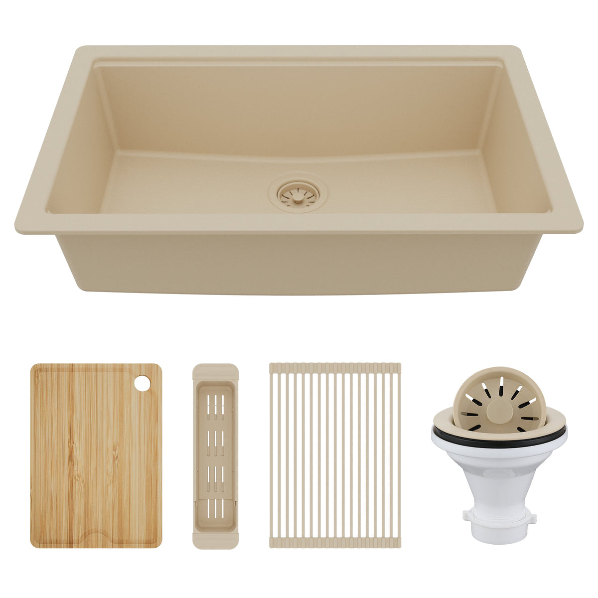32" Undermount Single Bowl Quartz Kitchen Sink Kit In Bisque
