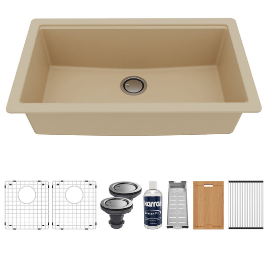 32" Undermount Large Single Bowl Quartz Composite Workstation Kitchen Sink In Bisque
