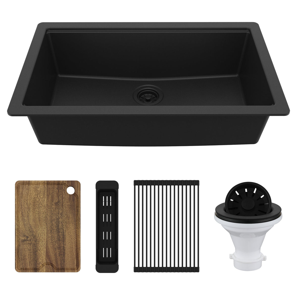 32" Undermount Single Bowl Quartz Kitchen Sink Kit In Black