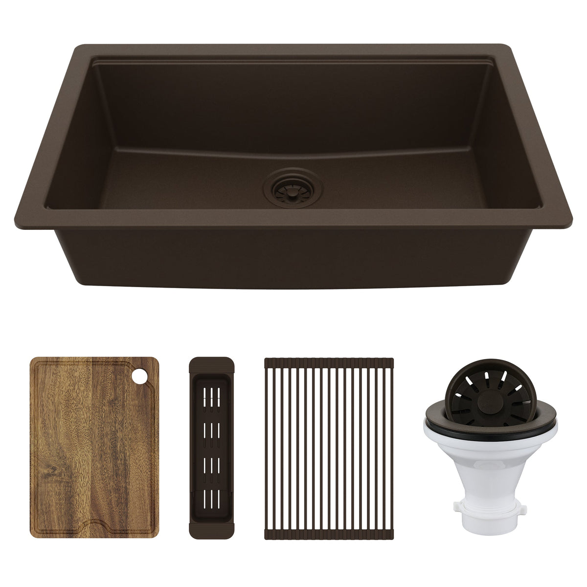 32" Undermount Single Bowl Quartz Kitchen Sink Kit In Brown