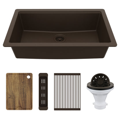 32" Undermount Single Bowl Quartz Kitchen Sink Kit In Brown