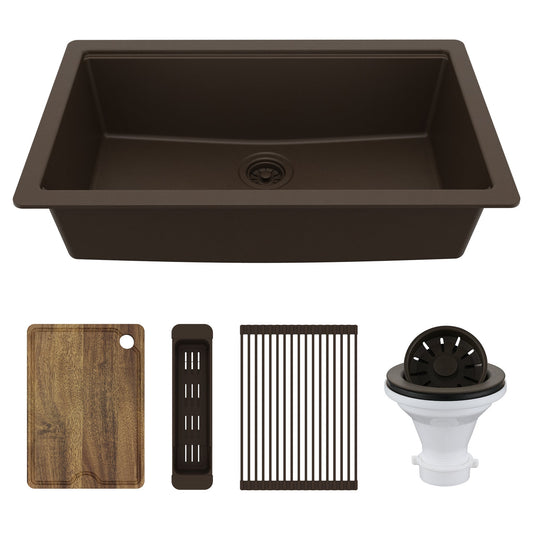 32" Undermount Single Bowl Quartz Kitchen Sink Kit In Brown