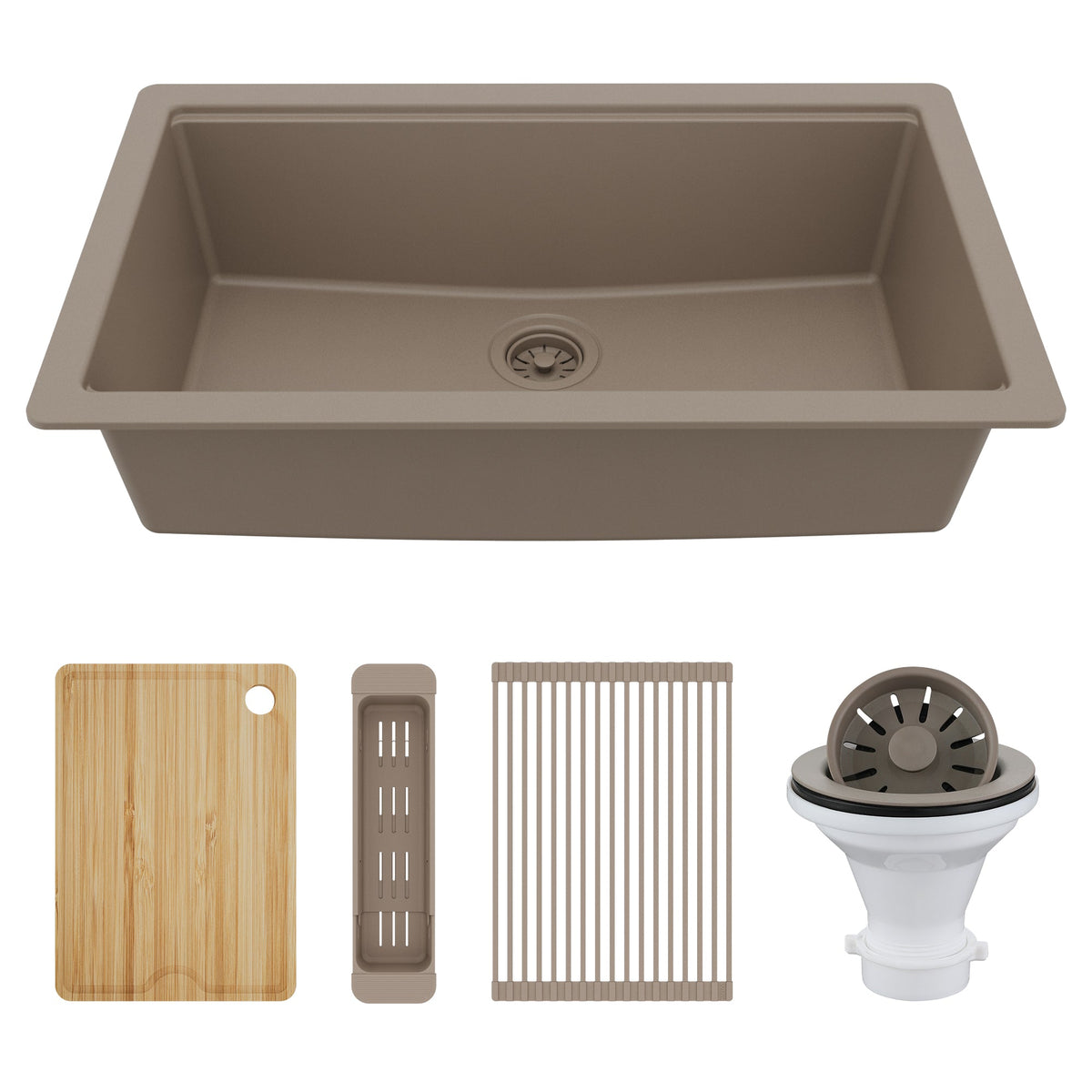 32" Undermount Single Bowl Quartz Kitchen Sink Kit In Concrete