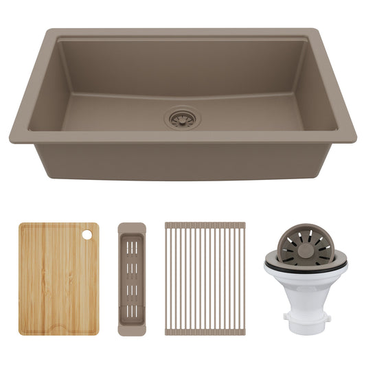32" Undermount Single Bowl Quartz Kitchen Sink Kit In Concrete