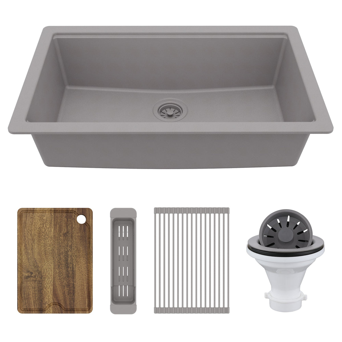 32" Undermount Single Bowl Quartz Kitchen Sink Kit In Grey