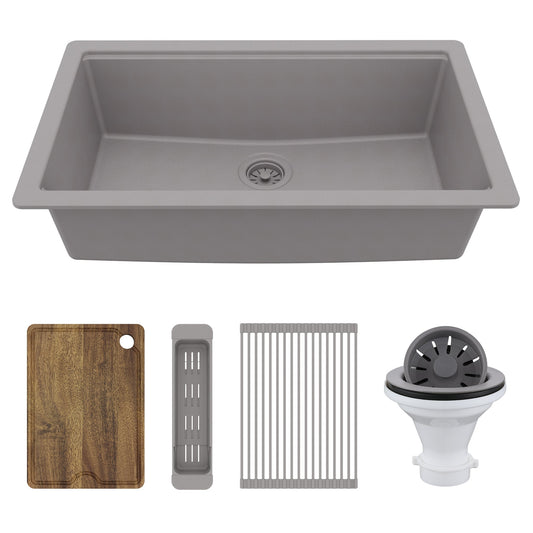 32" Undermount Single Bowl Quartz Kitchen Sink Kit In Grey