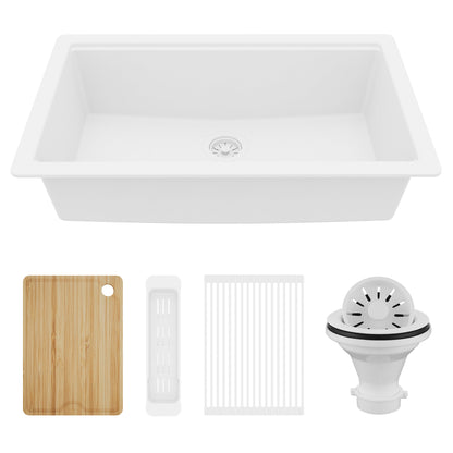 32" Undermount Single Bowl Quartz Kitchen Sink Kit In White