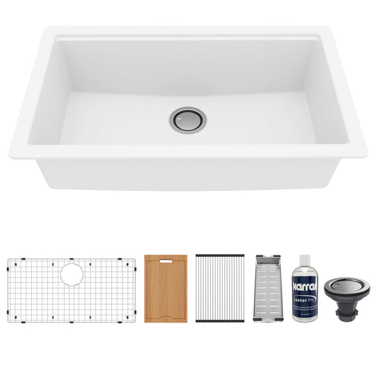 32" Undermount Large Single Bowl Quartz Composite Workstation Kitchen Sink In White