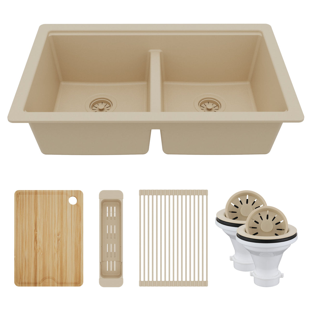 32" Undermount Double Bowl Quartz Kitchen Sink Kit In Bisque