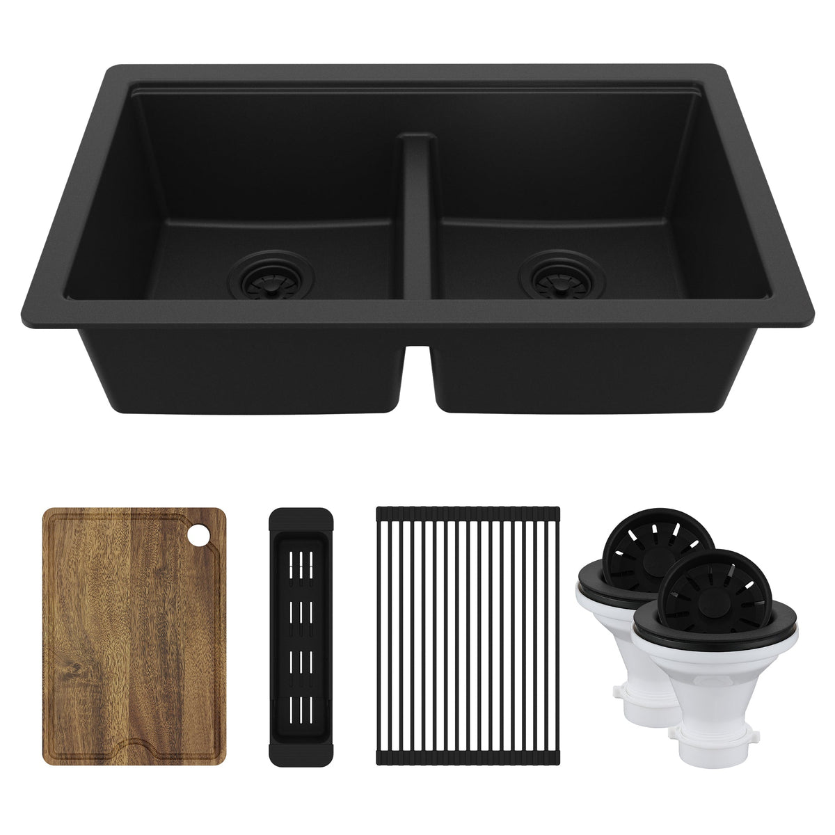 32" Undermount Double Bowl Quartz Kitchen Sink Kit In Black