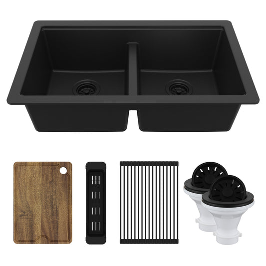 32" Undermount Double Bowl Quartz Kitchen Sink Kit In Black