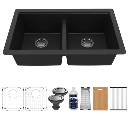 32-1/2" Undermount Double Equal Bowl Quartz Composite Workstation Kitchen Sink In Black