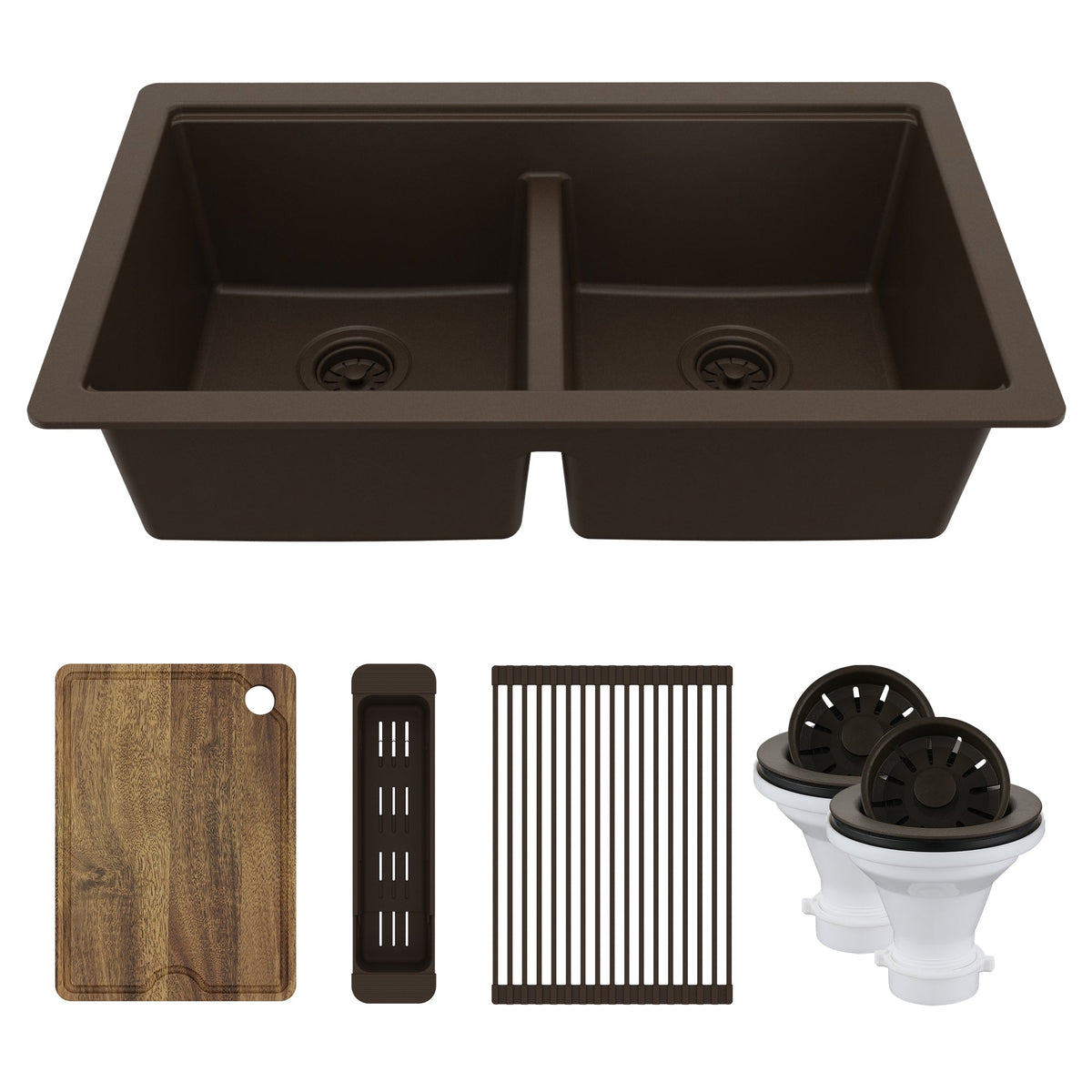 32" Undermount Double Bowl Quartz Kitchen Sink Kit In Brown
