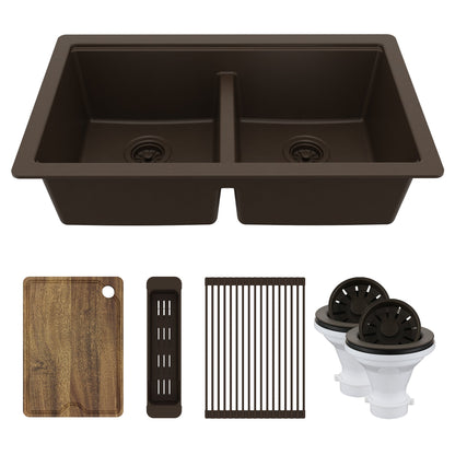 32" Undermount Double Bowl Quartz Kitchen Sink Kit In Brown