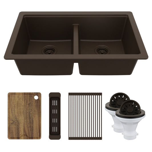 32" Undermount Double Bowl Quartz Kitchen Sink Kit In Brown