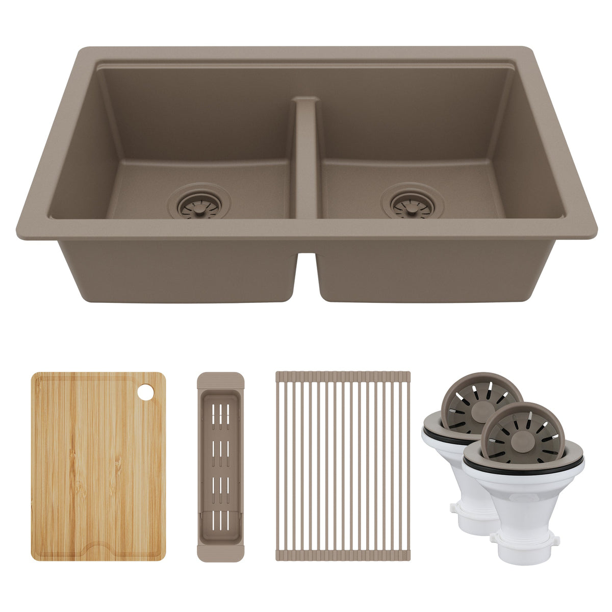 32" Undermount Double Bowl Quartz Kitchen Sink Kit In Concrete