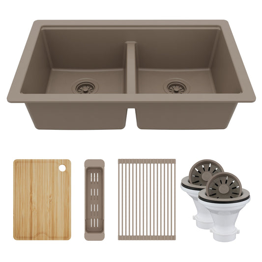 32" Undermount Double Bowl Quartz Kitchen Sink Kit In Concrete
