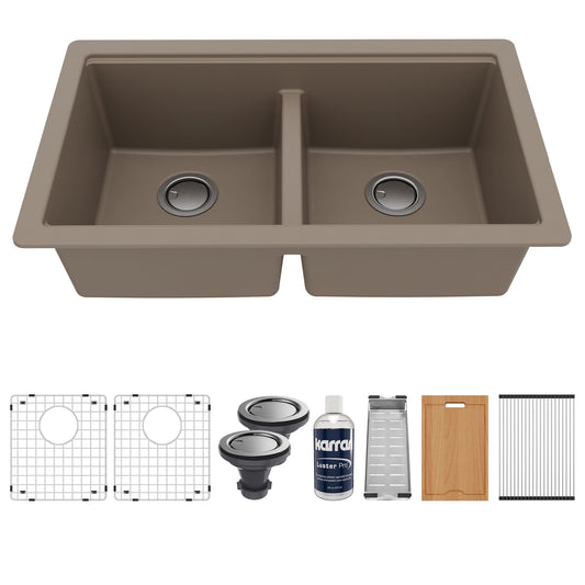 32-1/2" Undermount Double Equal Bowl Quartz Composite Workstation Kitchen Sink In Concrete