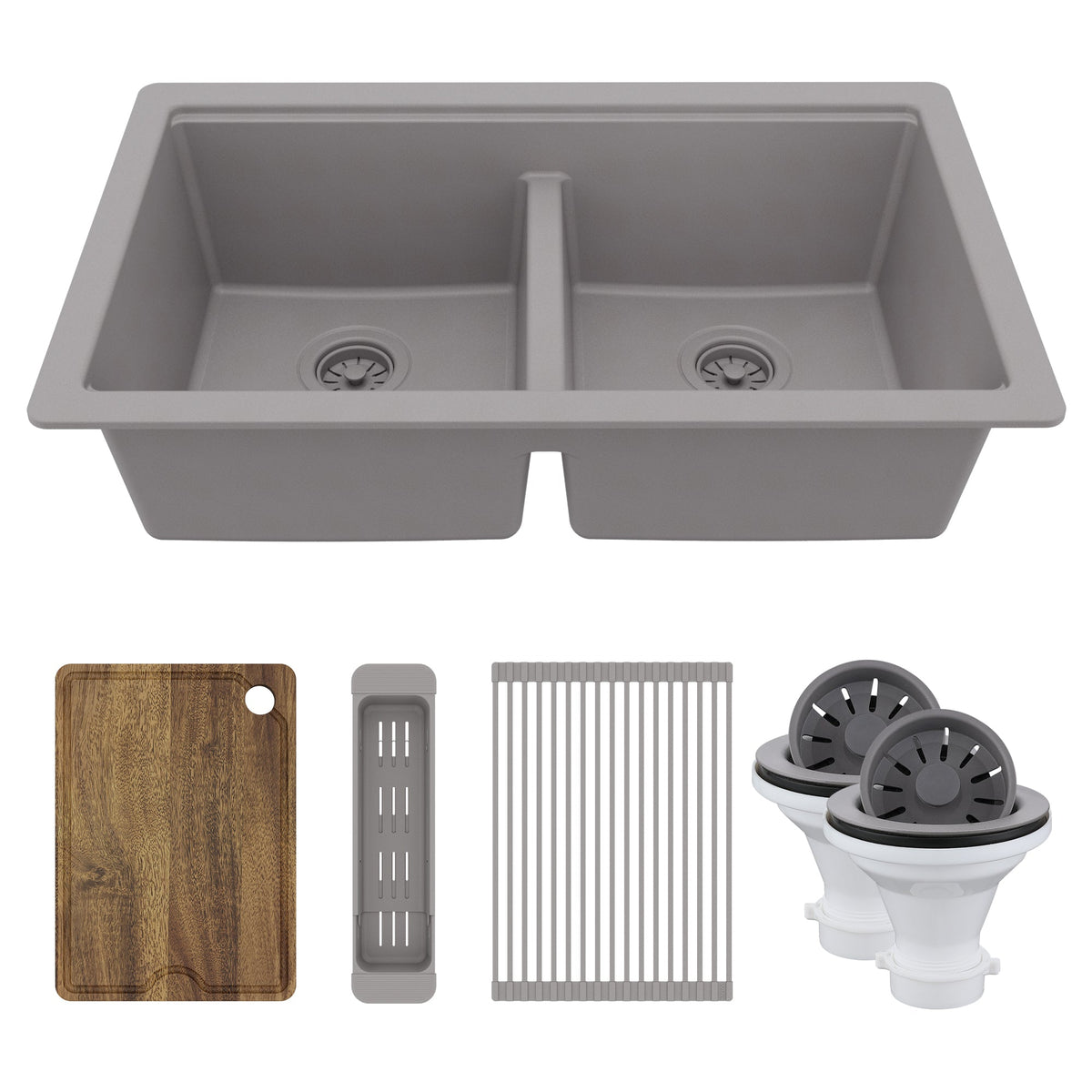 32" Undermount Double Bowl Quartz Kitchen Sink Kit In Grey