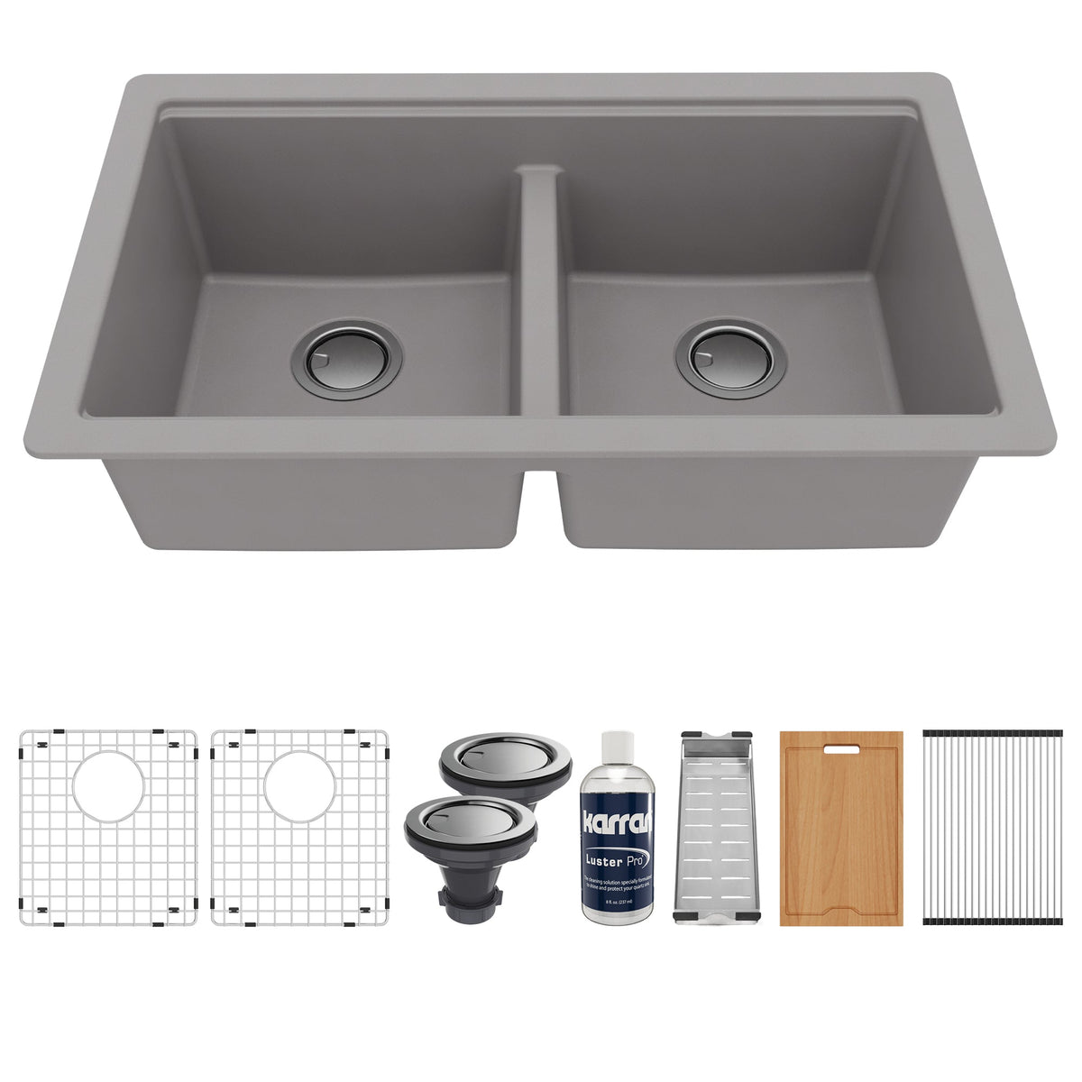32-1/2" Undermount Double Equal Bowl Quartz Composite Workstation Kitchen Sink In Grey