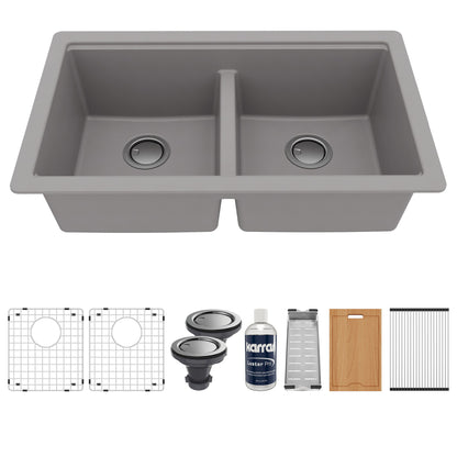 32-1/2" Undermount Double Equal Bowl Quartz Composite Workstation Kitchen Sink In Grey