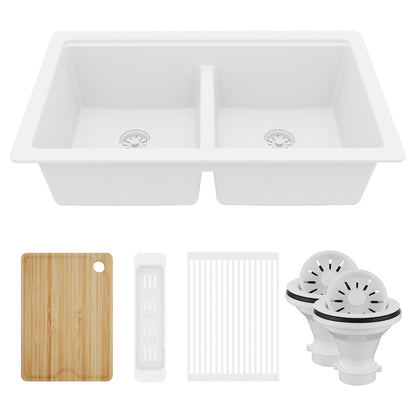 32" Undermount Double Bowl Quartz Kitchen Sink Kit In White