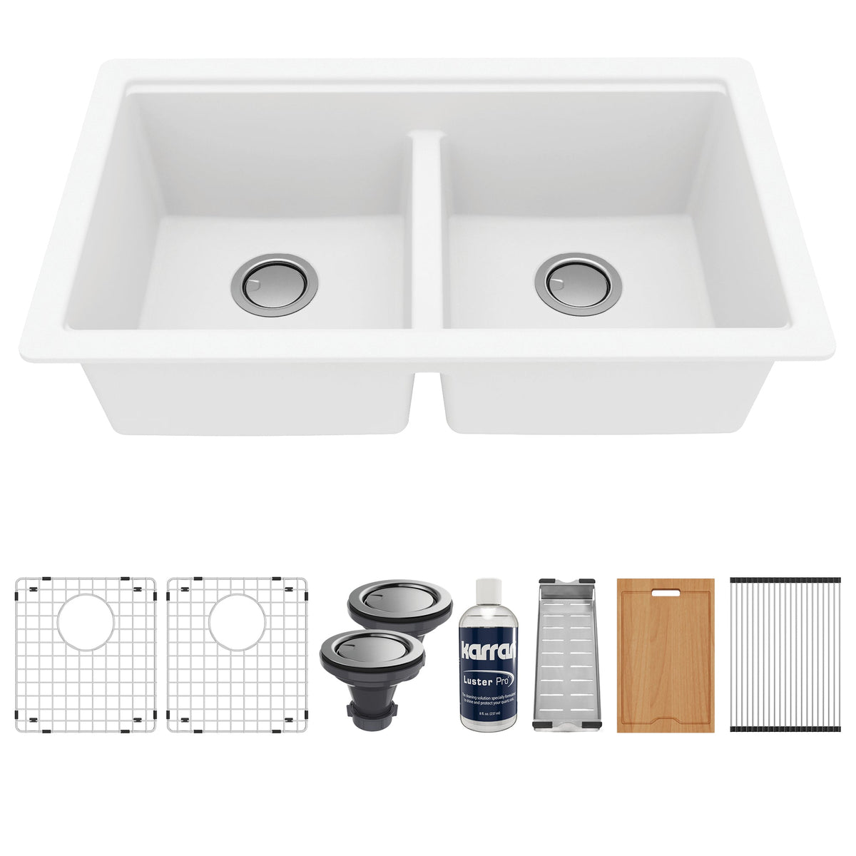32-1/2" Undermount Double Equal Bowl Quartz Composite Workstation Kitchen Sink In White