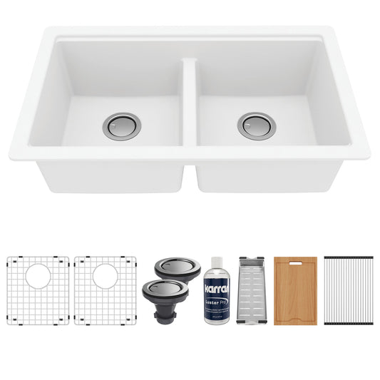 32-1/2" Undermount Double Equal Bowl Quartz Composite Workstation Kitchen Sink In White