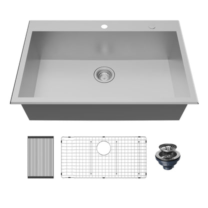 Fusion 33" Top Mount 18 Gauge Single Bowl Stainless Steel Sink with Accessories