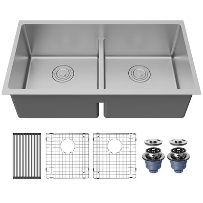 Fusion 33" Undermount 16 Gauge Double Bowl Stainless Steel Sink with Accessories